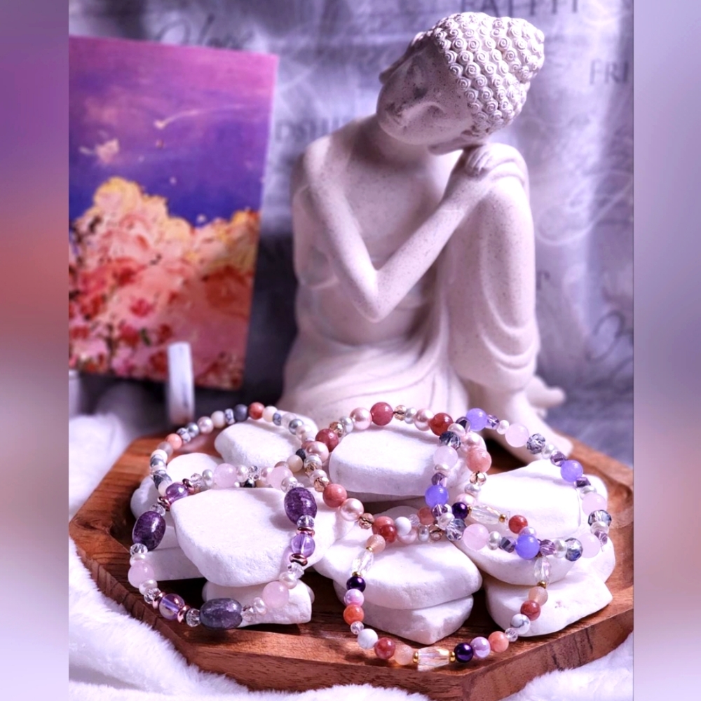 Beautiful amethyst, iridescent glass, and rose quartz handcrafted bracelet